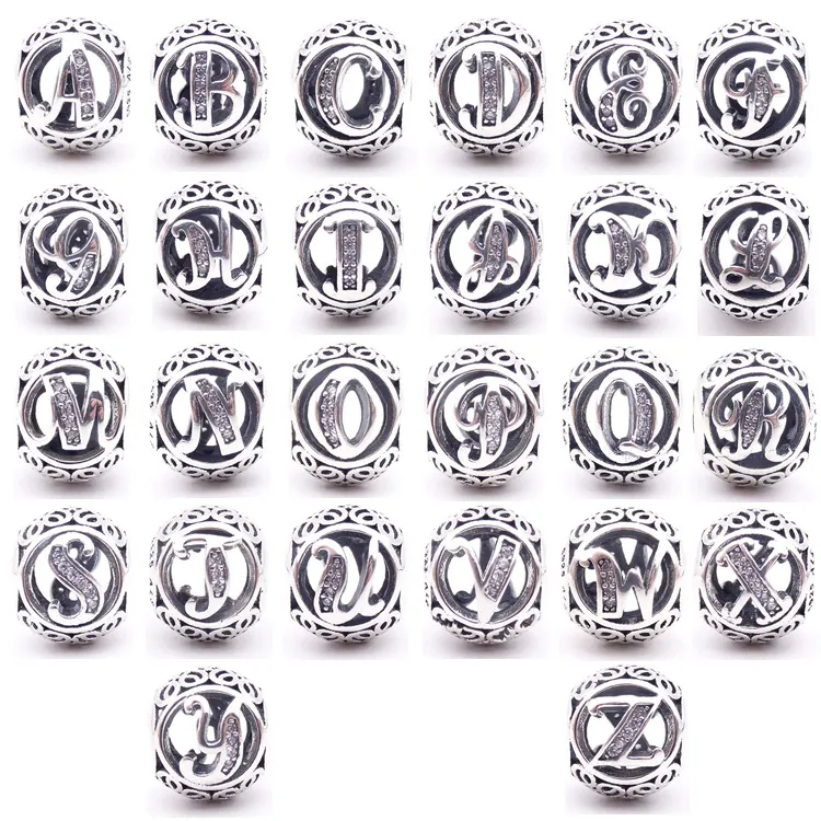 925 Sterling Silver Crystal Alphabet Alphabet Beads For Bracelets